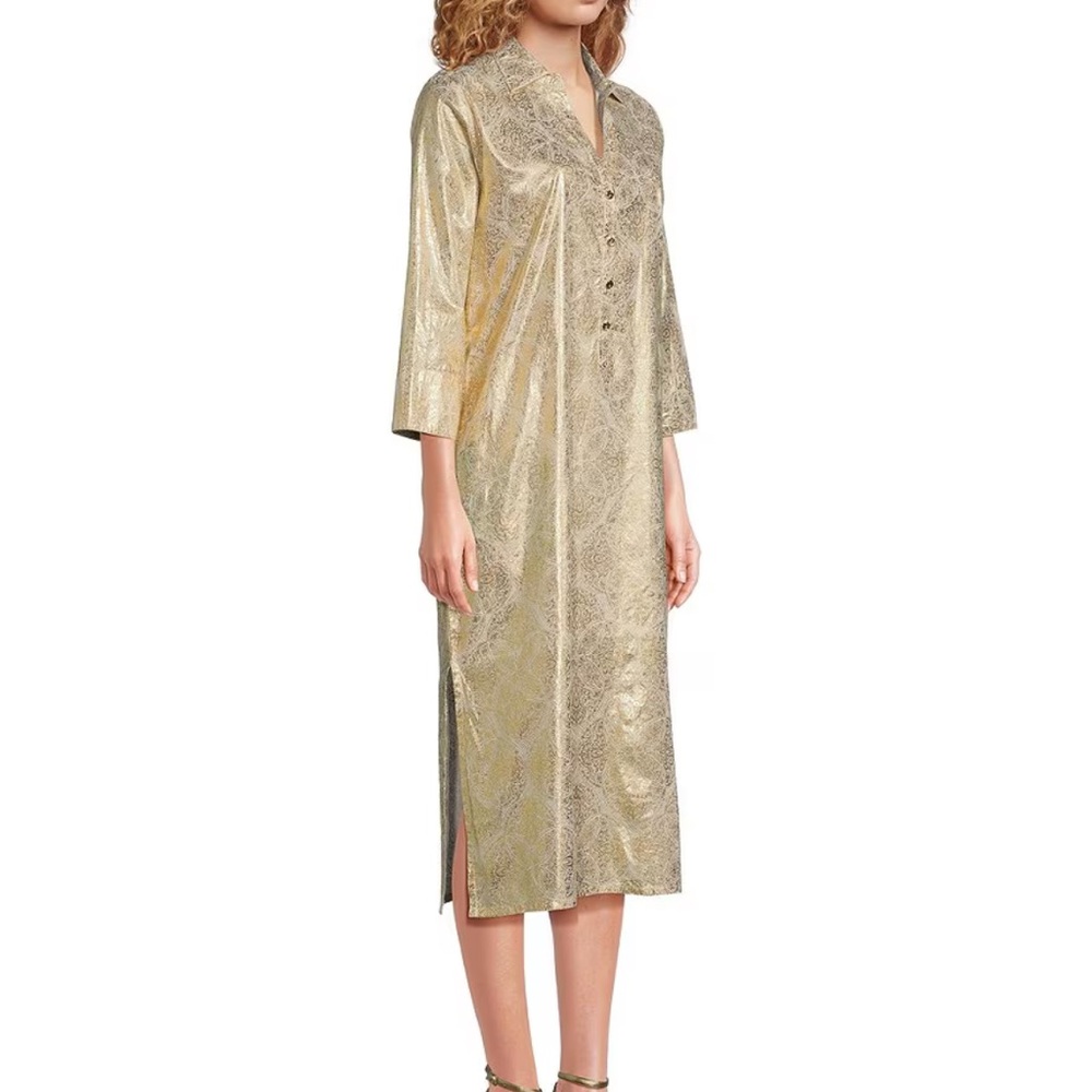 Jude Connally Kallan Gold Foil Medallion Midi Dress Cotton size L NWT